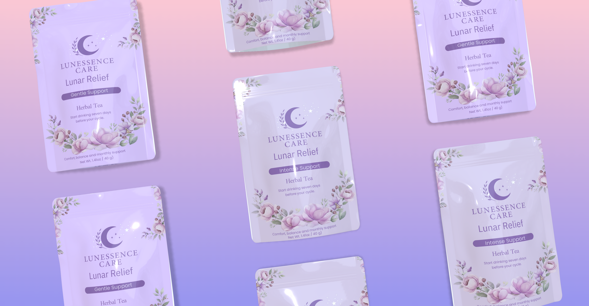Packages of Luna Relief on a gradient pink to purple background