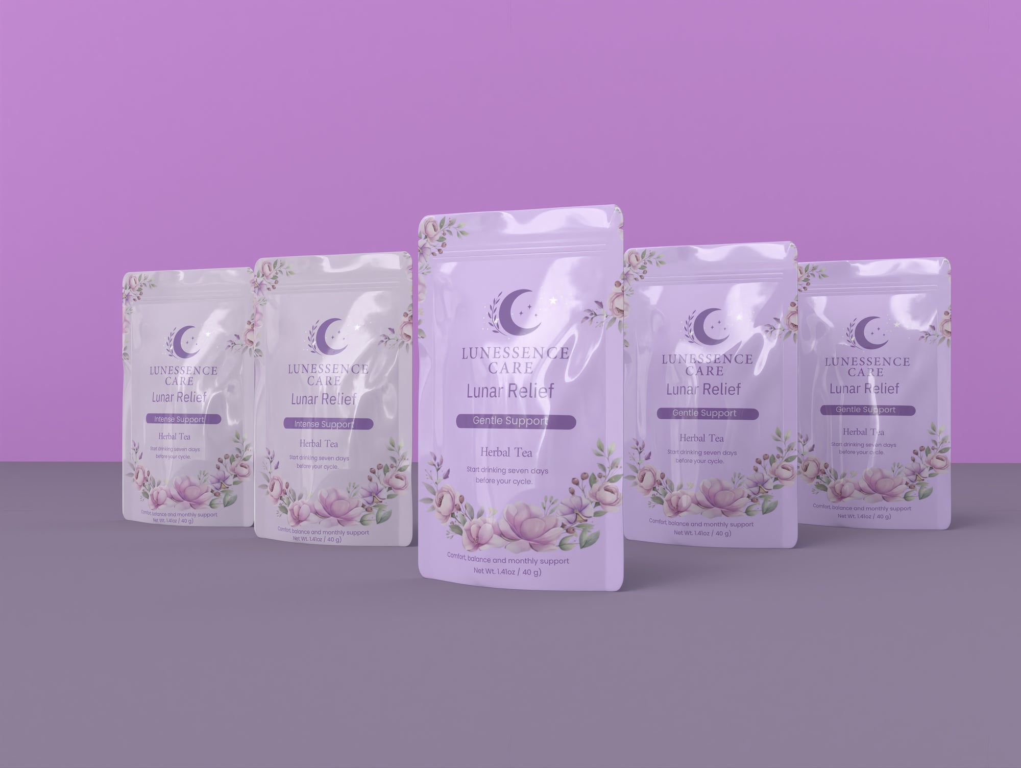 Five packages of Luna Relief on a purple background