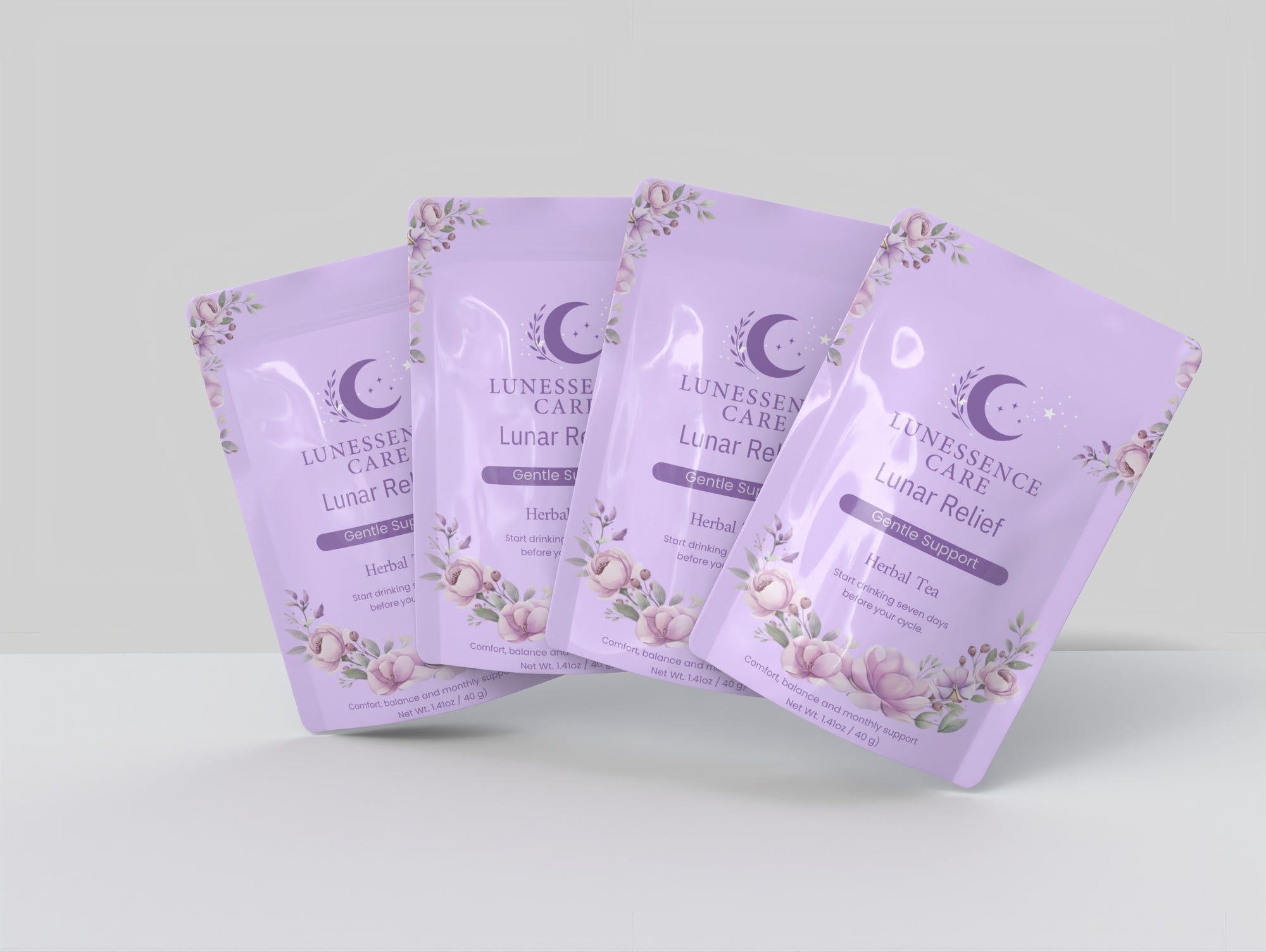 Four purple packets of Lunessence Care Lunar Relief on a white background